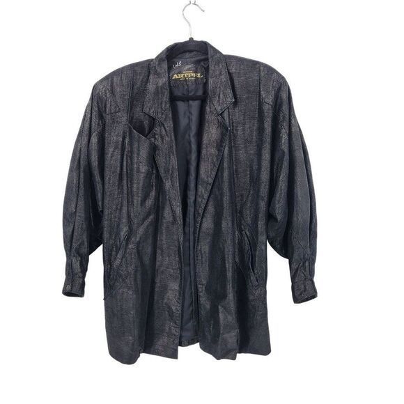 Vtg 80s Genuine Leather Jacket Sz L Black Oil Slick Textured Batwing Oversized - Picture 12 of 12